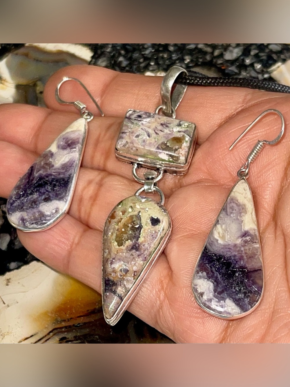 Opalized Fluorite Pendant & Earrings